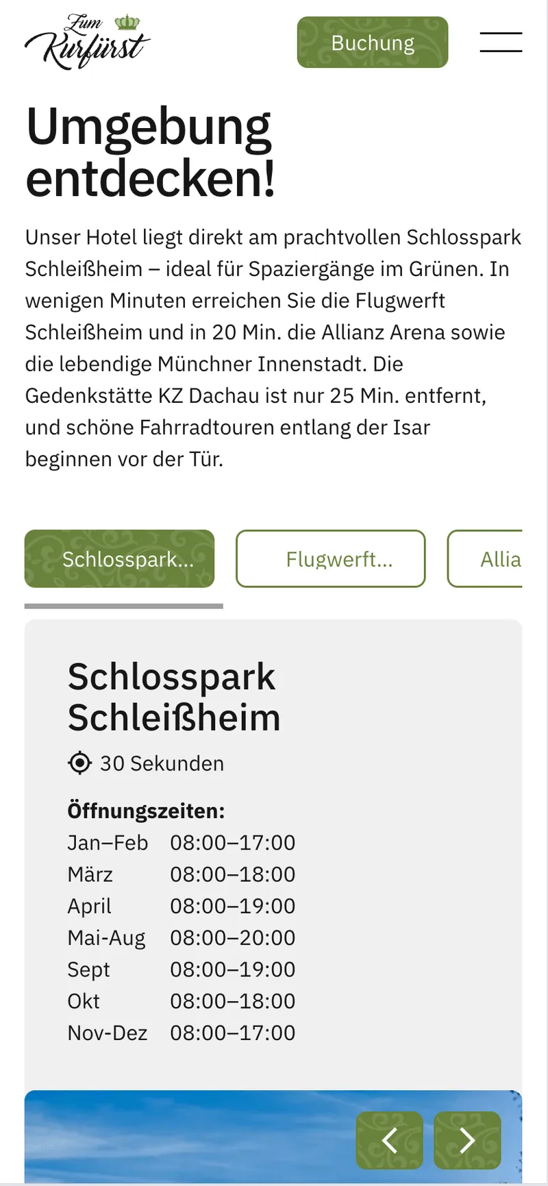 Umgebung entdecken Sektion der neuen Chalet-Webseite. Des Chalet zum Kurfürst in Oberschleißheim. Eine Webseite von Gastique.