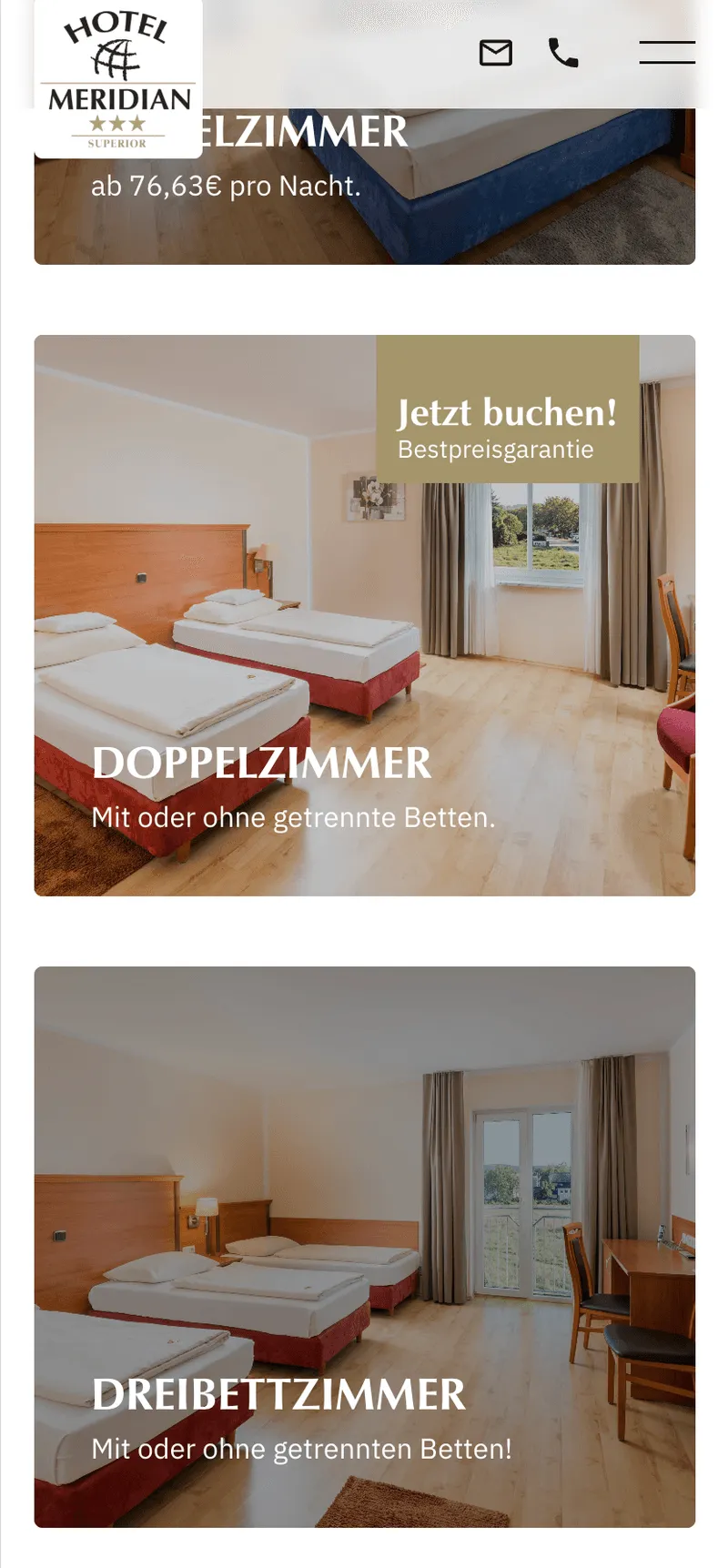 Webseite des Restaurants Meridian in Landshut mit einer neuen Gastique Webseite. Startseite (Zimmersektion) der Webseite.